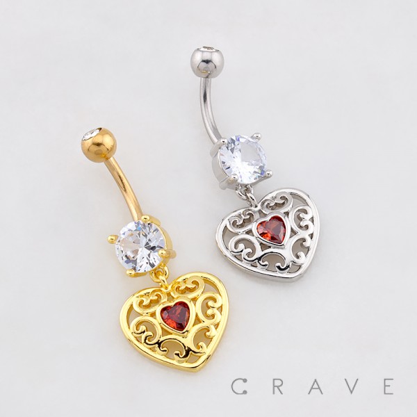 FILIGREE HEART DANGLE BELLY BUTTON NAVEL RING 316L SURGICAL STEEL